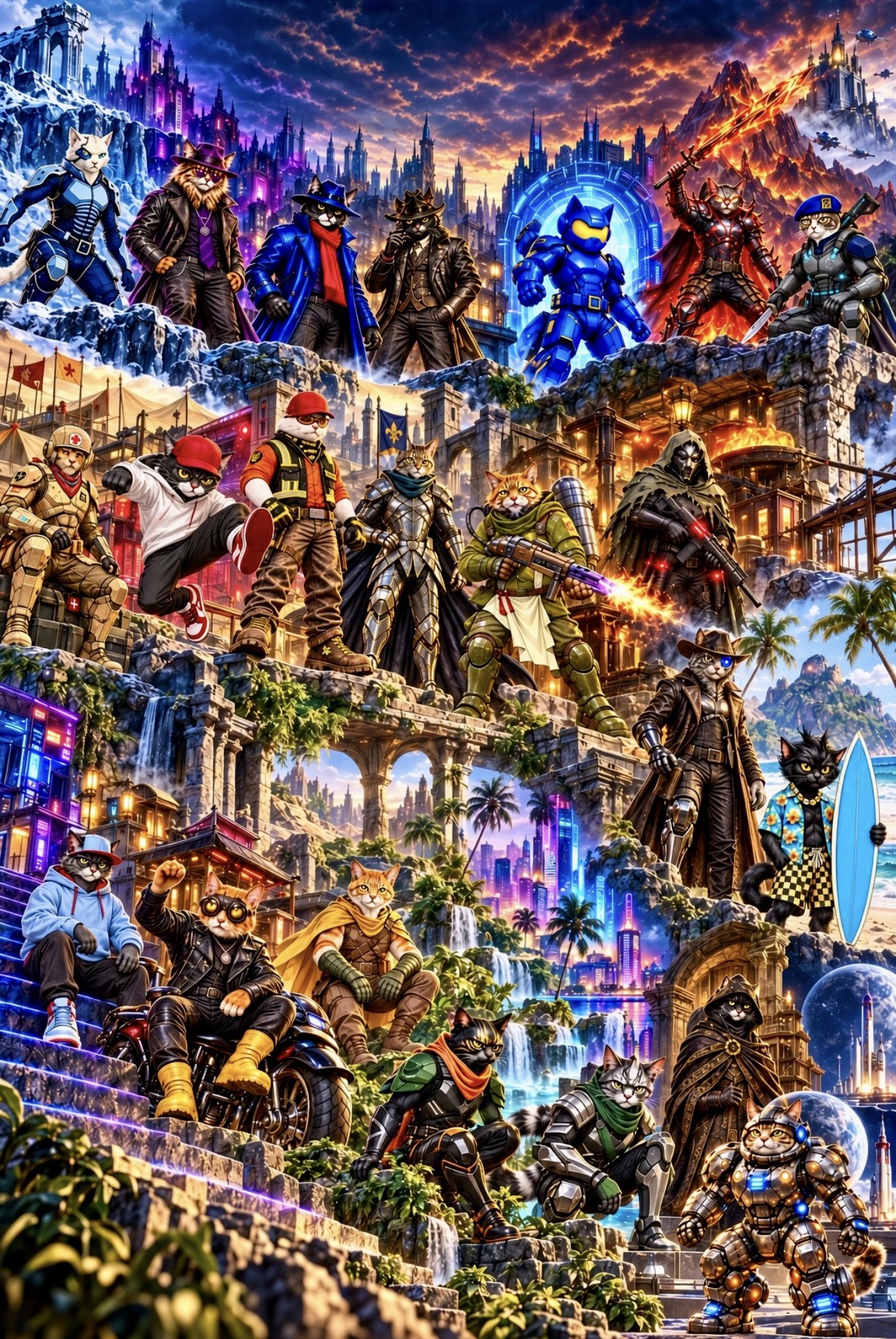 Characters of the daCAT Universe across icy castles, futuristic cities, volcanic mountains, and tropical ruins.
