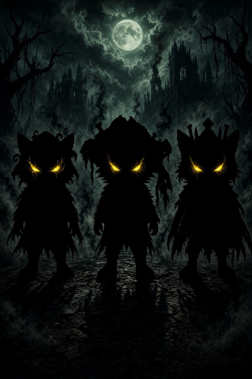 Three shadowy crowned cats with glowing yellow eyes beneath a full moon