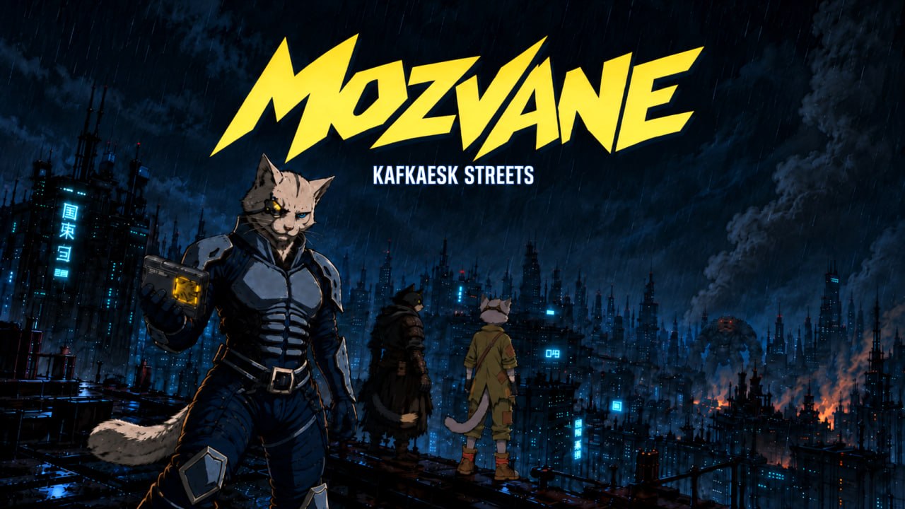 MOZVANE · KAFKAESK STREETS cover: three cats in a blue rainy city